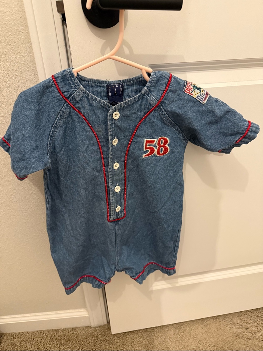 Vintage baby GAP Denim Romper with Red Accent Trim Size 12-18 months